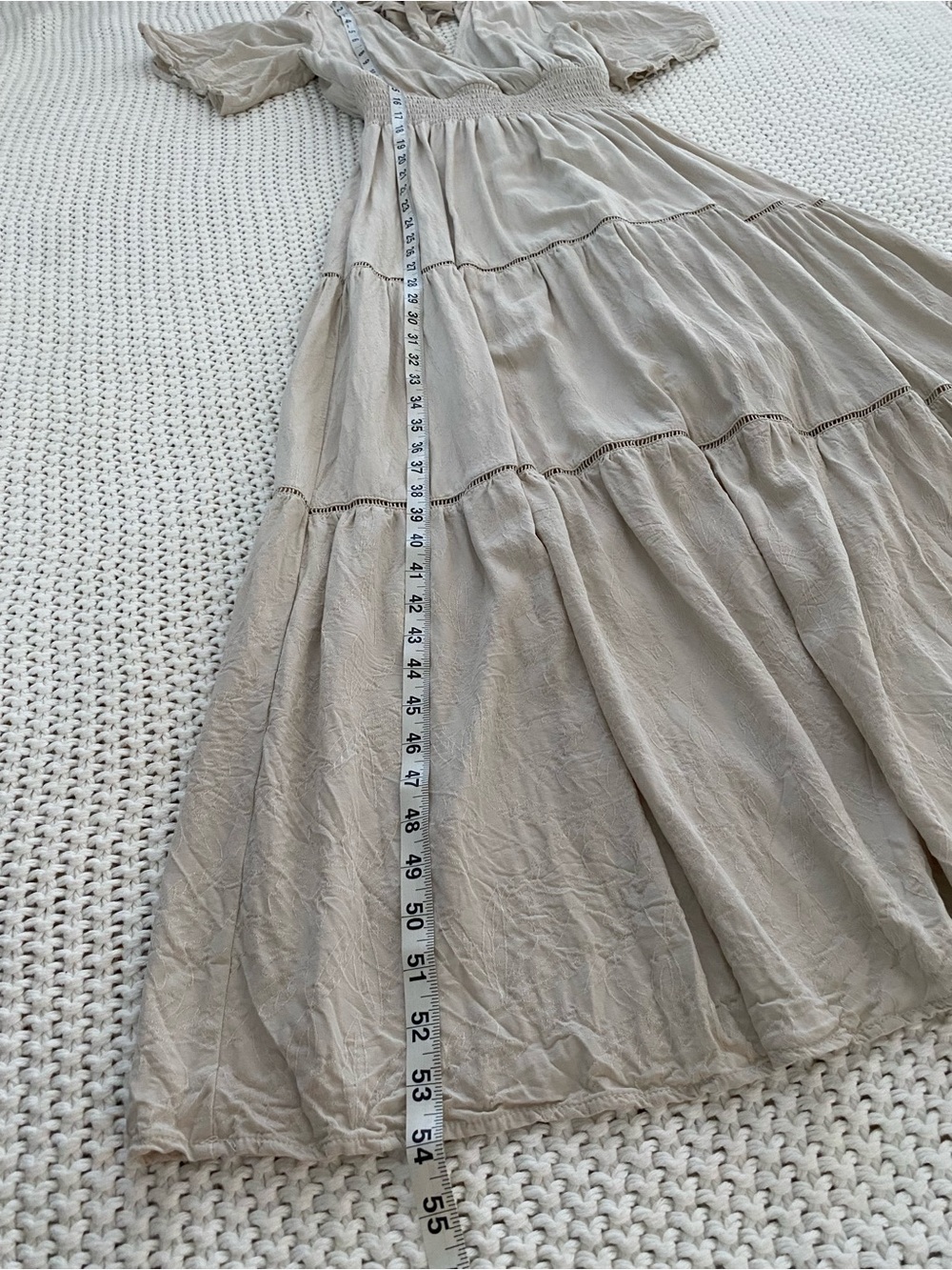 LoveStitch Ivory Beige Floral Jacquard Tie-Back Smocked Maxi Dress M - Picture 14 of 16